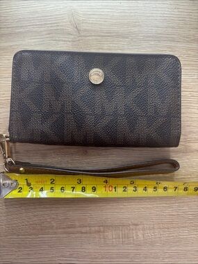 Michael Kors Brown MK Signature Zip-Around Wristlet Wallet with Gold Medallion